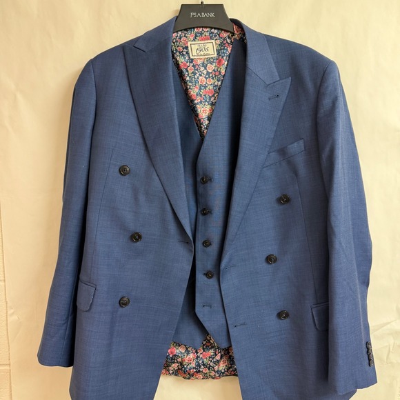 Jos A Bank 1905 Blue 3 Piece Wool Double Breasted Suit Jacket Floral Mens 39x33